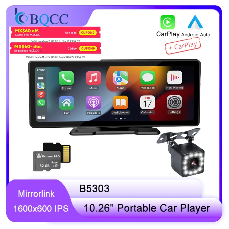 BQCC 10.26 인치 휴대용 MP5 자동차 플레이어, 미러링크 BT FM 와이파이 GPS 자동차 스테레오 무선 카플레이, IOS 안드로이드 자동 멀티미디어 자동차 라디오