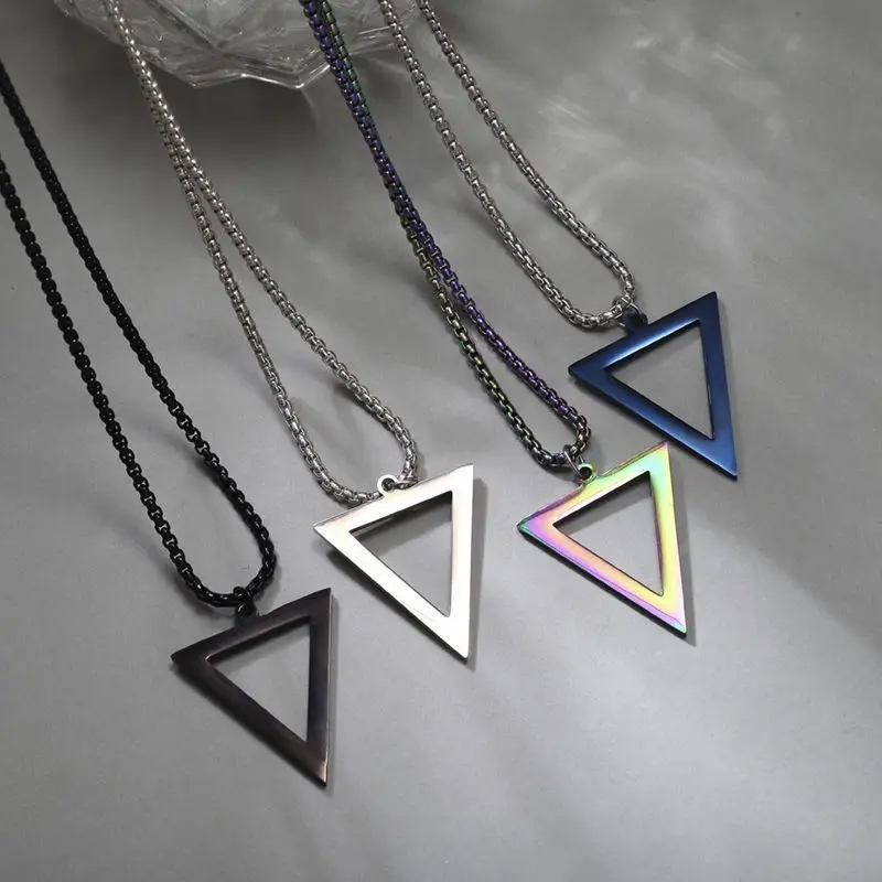 HNSP Stainless Steel Inverted Triangle Pendant Chain Necklace For Men Cool Simple Jewelry Accessories