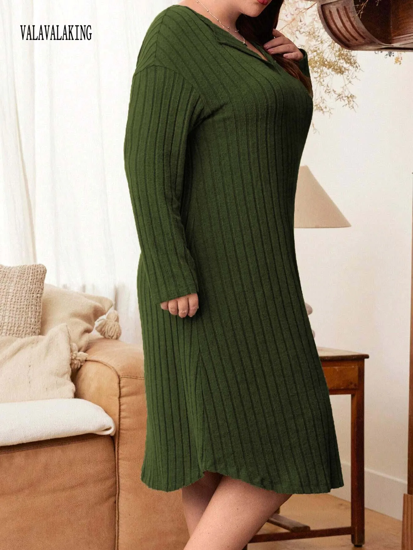 2025 Winter Green Plus Size Knitted Dress Women Casual V-Neck Long Sleeve Sweater Dresses Ladies Elegant Large Loose Midi Dress