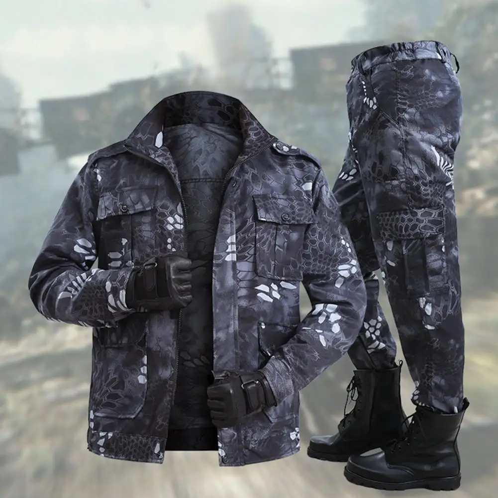 Men Suit Two-piece Set Wear Resistant Zipper Fly Camouflage Epaulet Decor Sports Suit Outdoor Suit Sweat Absorption