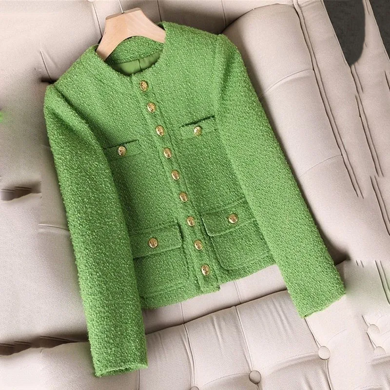 

Женская модная короткая куртка, маленький ароматный стиль, универсальная высокая талия, зеленая куртка, весенне-осенний высококачественный верхняя одежда