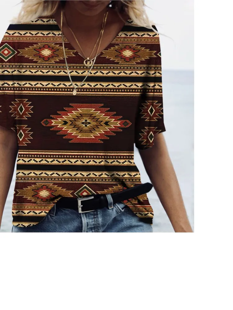 Summer Ethnic Style 3D Printed T-Shirts Women's Fashion Vintage Streetwear Short Sleeve V-Neck T Shirt Tees Tops Woman Clothing — zdjęcie 2