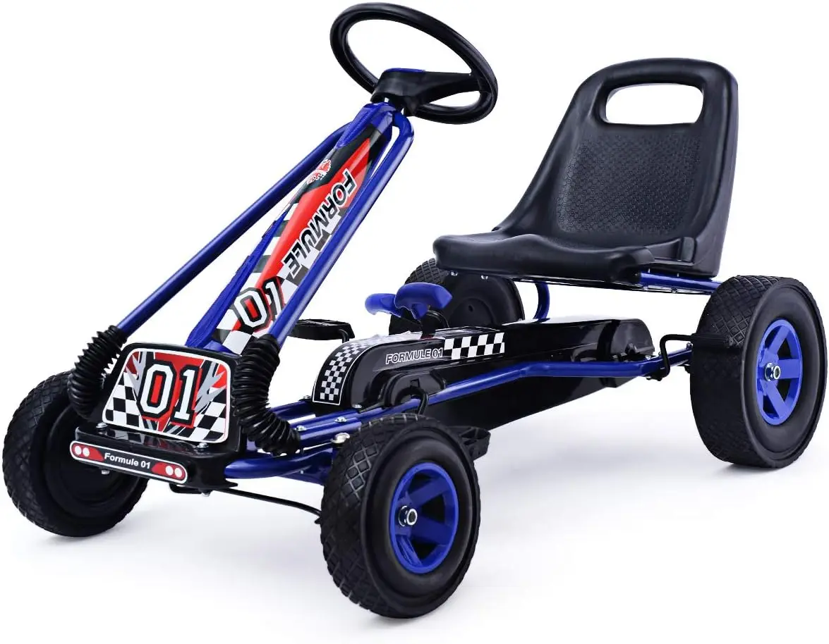 Go Kart for Kids, 4 Wheel Off-Road Pedal Go Cart w/Adjustable Seat, Steering Wheel, 2 Safety Brakes, EVA Rubber Tires, Ride-On