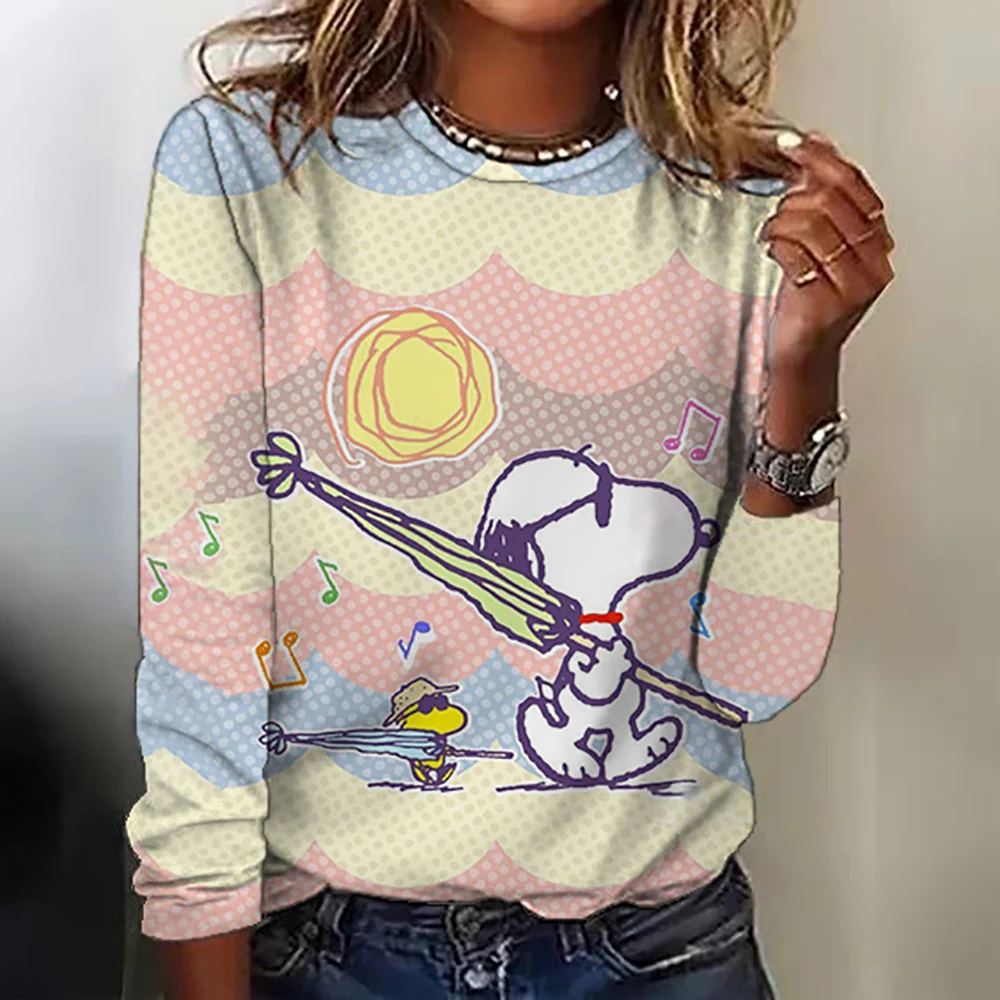 Snoopy Anime Co branded Long sleeved T-shirt for Women\'s 2023 Autumn New Loose Round Neck Top Children\'s Cartoon Clothes