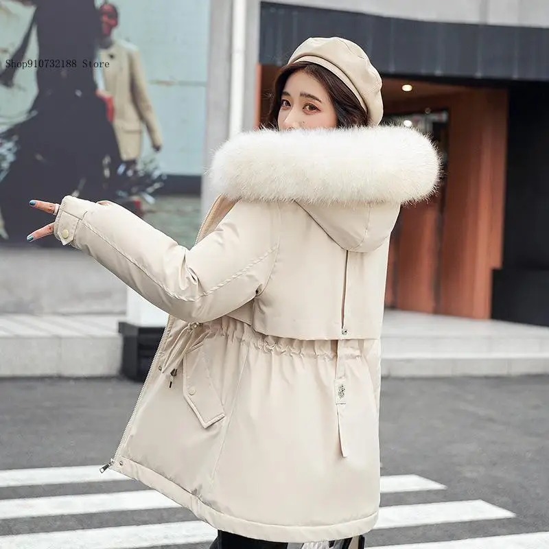 Stylish Medium Length A-Line Cotton Jacket with Plush Inner Lining Warm Winter Coat Hairy Collar Women Casual Commuting Wear