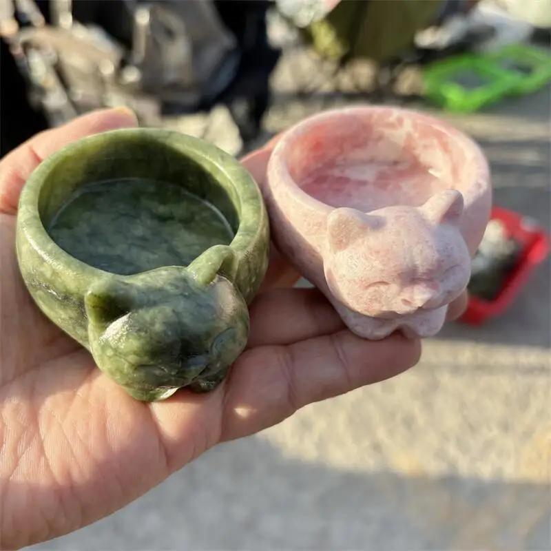 Natural Green Jade And Pink Opal Cartoon Cat Tray Ashtray Bowl Carving Healing Reiki Figurine Home Decorat Gift 1PCS