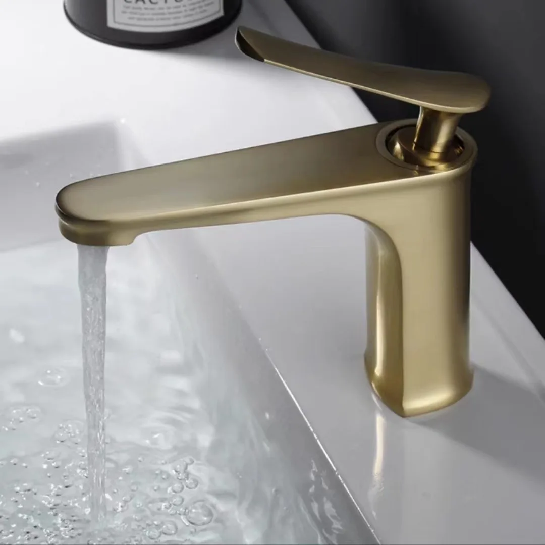 

Golden brushed gold copper body hot and cold water faucet, washbasin, basin, upper and lower basin, Nordic light luxury and simp