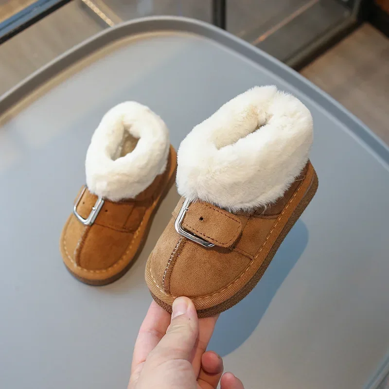 Kids Snow Boots Non-slip Girls Ankle Boots with Fur 2024 Winter New Fashion Children Princess Boots Slip-on Metal Decoration