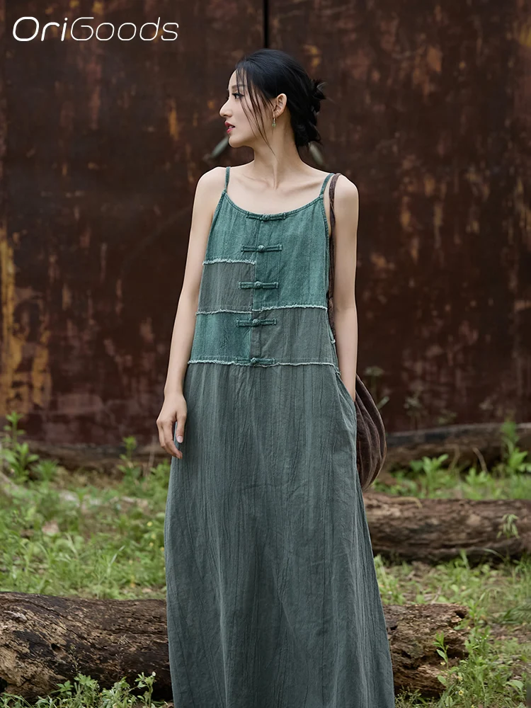 OriGoods Spaghetti Jurk Vrouw 2025, Nieuwe Zomer Lange Jurk Linnen Katoen Patchwork Onderjurk Vrouw Elegante Vestidos B314