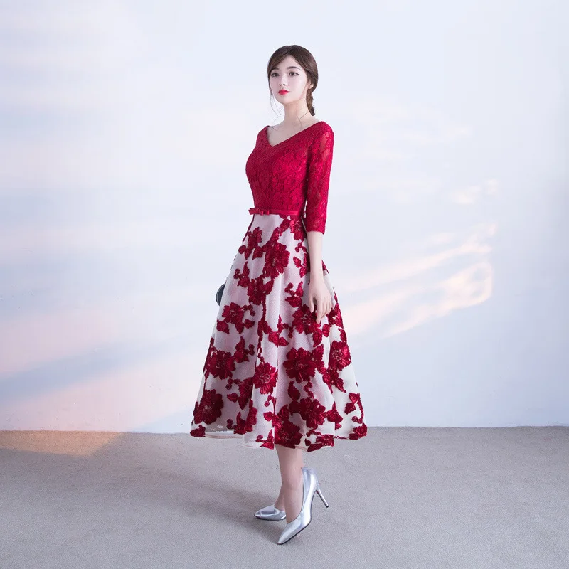 

Ele 2024 New Summer Wedding Dr Red V-ne Mid-sve Lace Long Evening Gown for Wedding Banquet Par Slimming Sle