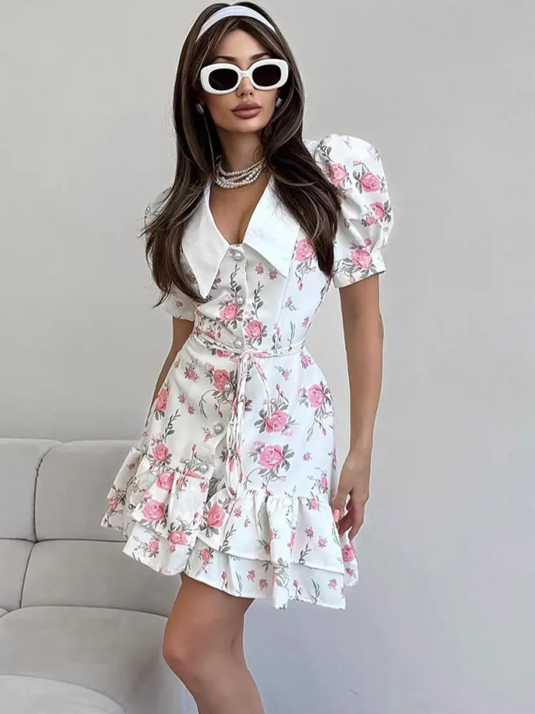 Tossy Printed Lapel Fashion Mini Dress Women's Short Sleeve Patchwork Contrast Elegant Summer Dress 2025 Female Bodycon Dress