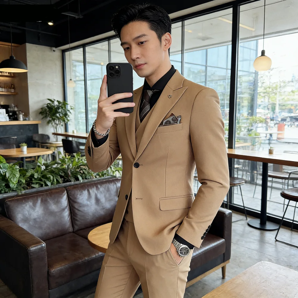 

Men's Double Breasted Trench Coat Suit Casual Simple Blazer Vest Pants High Quality Recent Design Matching Set