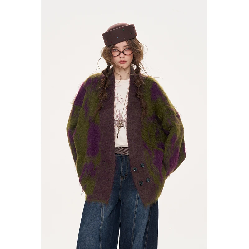 ELFSACK Women's Tie-dye Knit Cardigan with Wide Batwing Sleeves, Cozy Loose Oversized Sweater for Daily Casual Wear