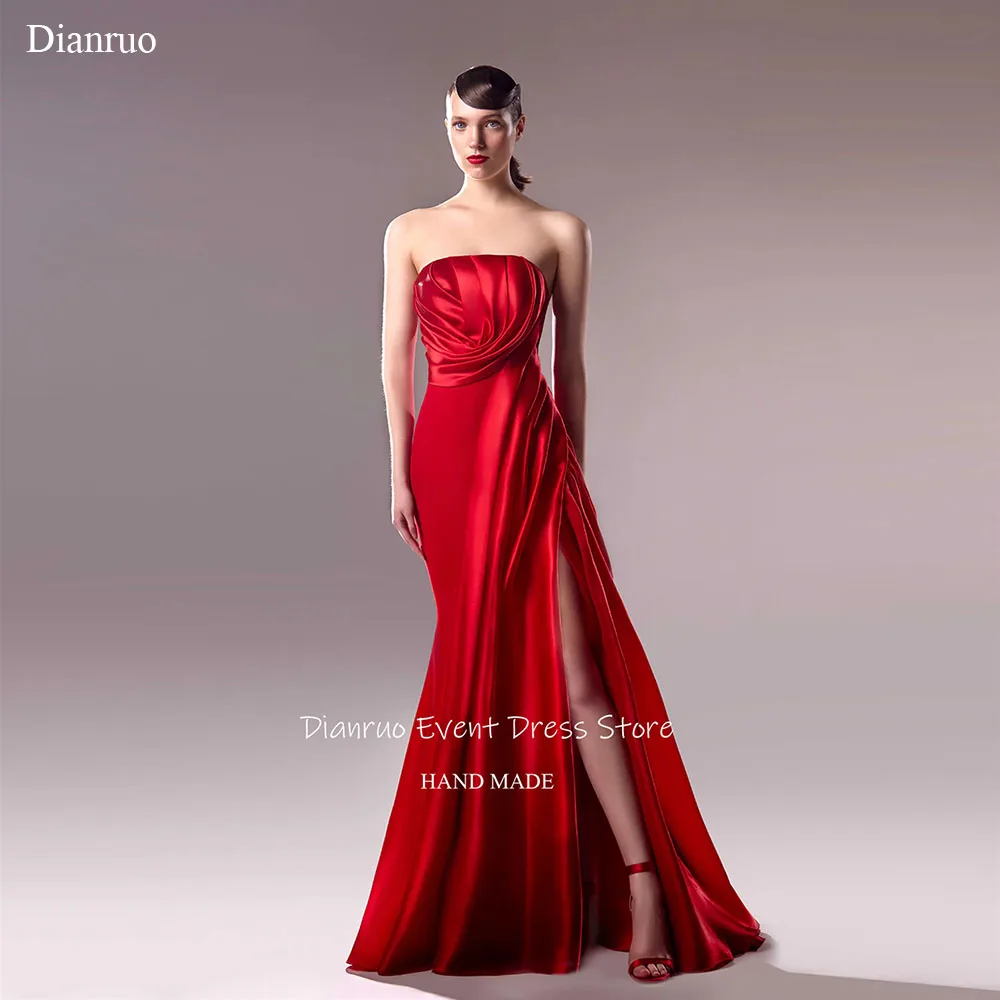 Dianruo Gaun Malam Merah Celah Tinggi Gaun Tamu Putri Duyung Satin Tanpa Tali Jubah Panjang Selantai Punggung Terbuka De Koktail Disesuaikan
