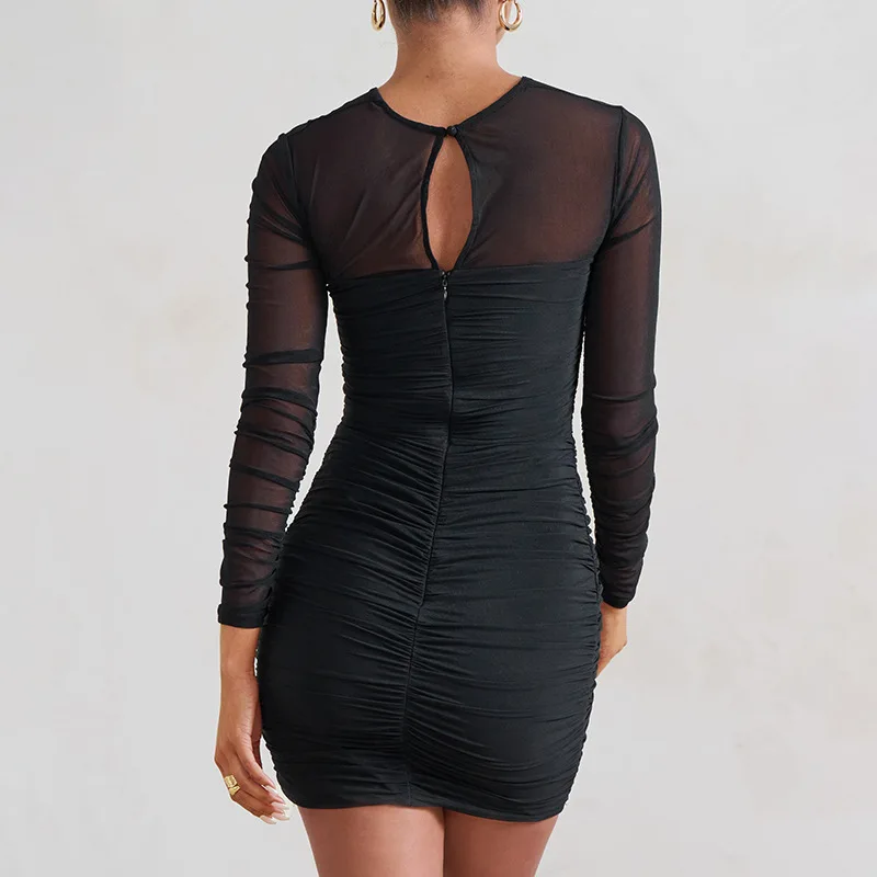 2025 Sommer Neues, aushöhlen, tief ausgeschnittenes, sexy, transparentes, langärmliges, figurbetontes Kleid für heiße Mädchen