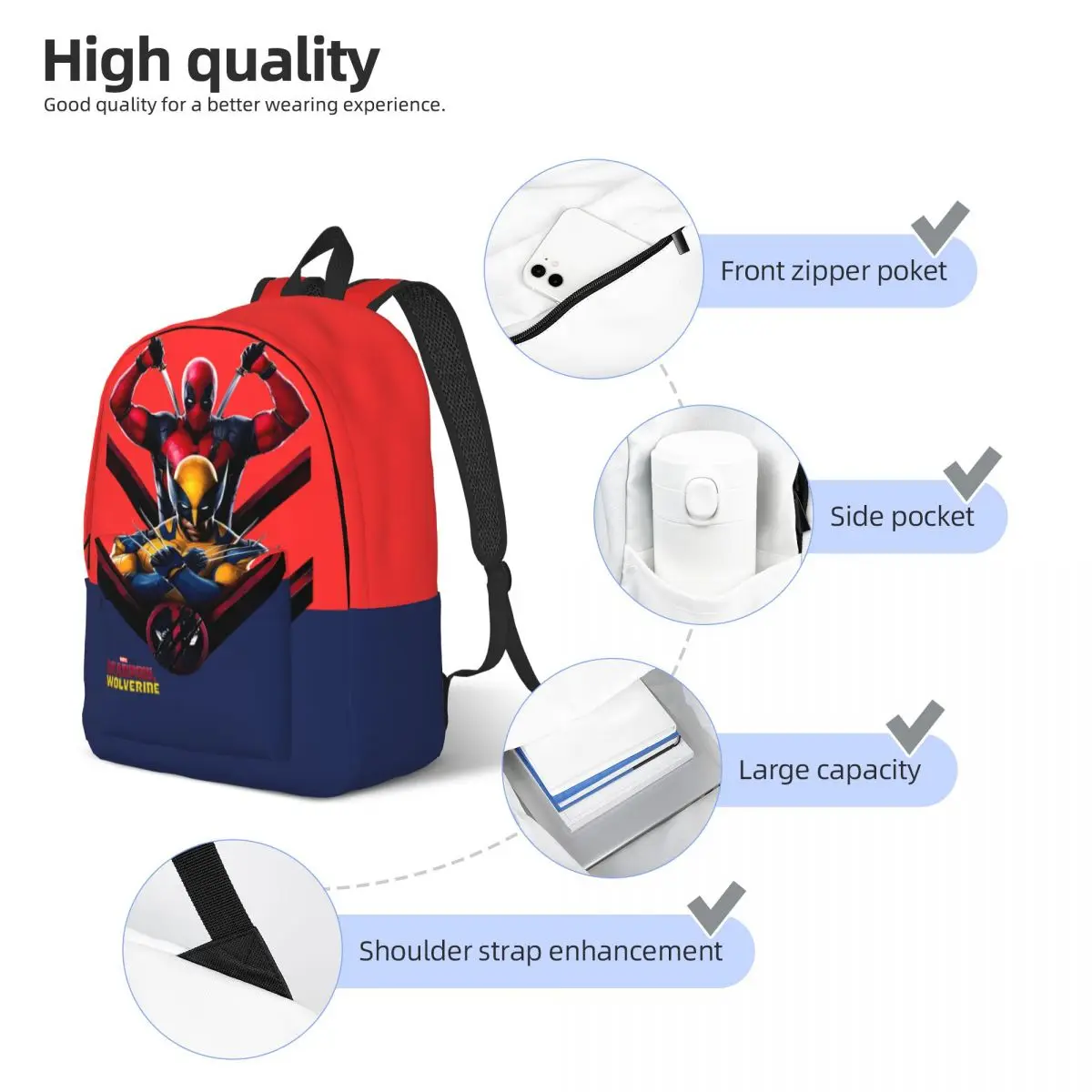 Backpack Deadpool Multi Compartment Disney Marvel Deadpool & Wolverine Film Preschool Birthday Gift Vintage Laptop Bag Camping