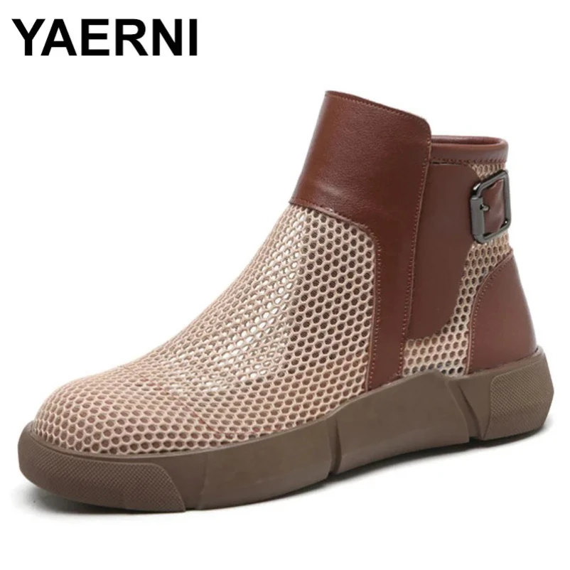 

2025 модные женские летние крутые ботинки из натуральной кожи с воздушной сеткой, дышащие ботильоны на плоской подошве для женщин, повседневная обувь