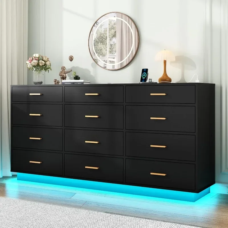 12 Drawers Dresser w/Power Outlet,60000-Colors Lights,63In Long Chest for Bedroom,Wooden Tall Large Capacity Clothing