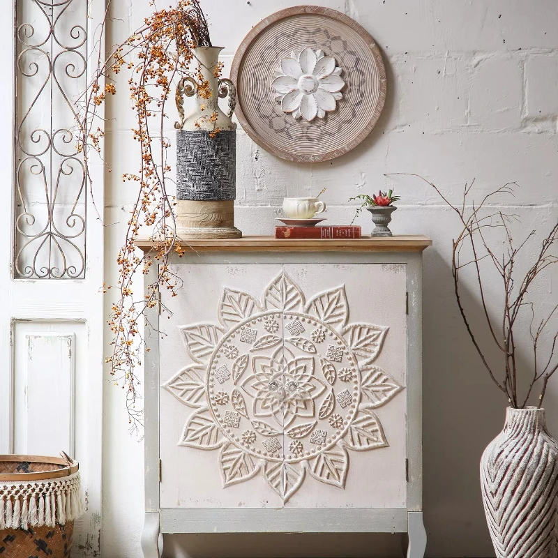 Retro and old porch cabinet, integrated with shelves facing the door