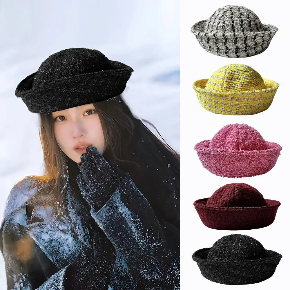 

Striped Fisherman Cap Woolen Tweed Berets Multifunctional Navy Style Hat Plaid Sailor Hat Flip Brim Bucket Hat Nurse Elegant Cap