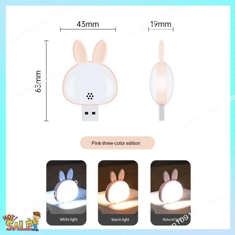 N08R 2Pcs USB Reading Lamp,Mini Bunny Night Light, Smart Voice 3 Color Desk Lamp For Bedroom Kids Room White Easy Install