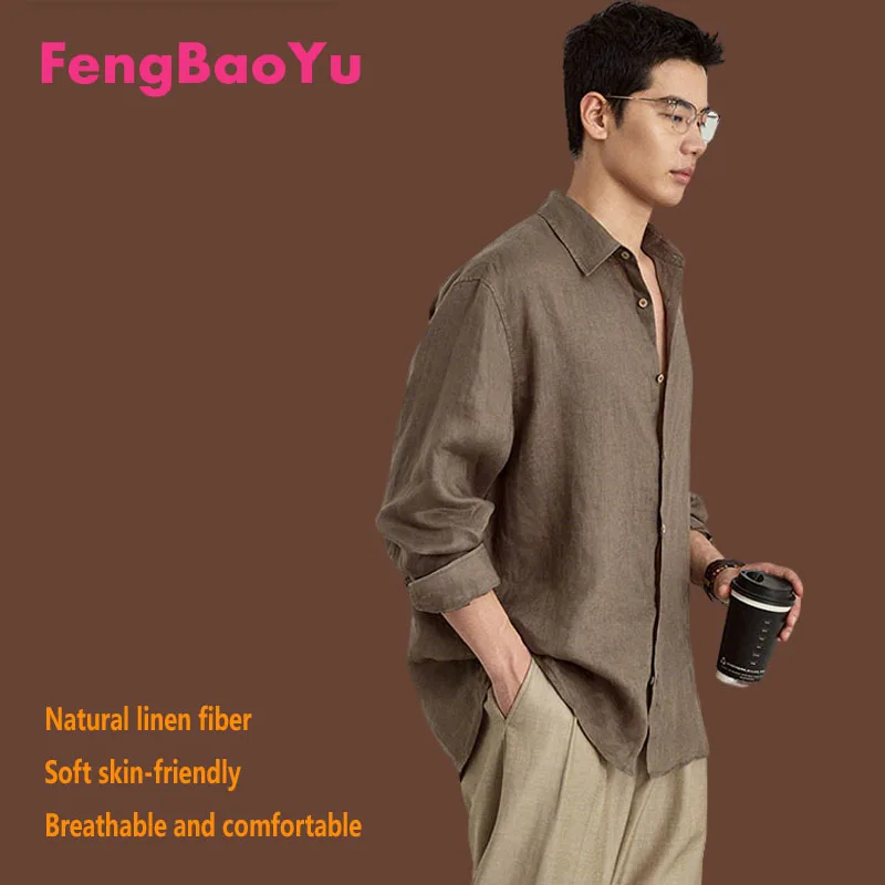 

Fengbaoyu Natural 100% Linen Men's Shirt Long-sleeved Collar Loose Casual Shirt with Simple Style, Breathable and Sweat-Wicking