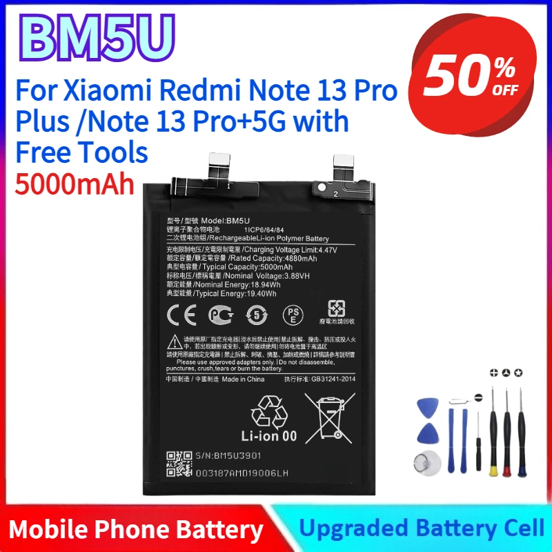 

Brand New 5000mAh BM5U Battery for Xiaomi Redmi Note 13 Pro Plus /Note 13 Pro+5G Cell Phone Batteries with Free Tools