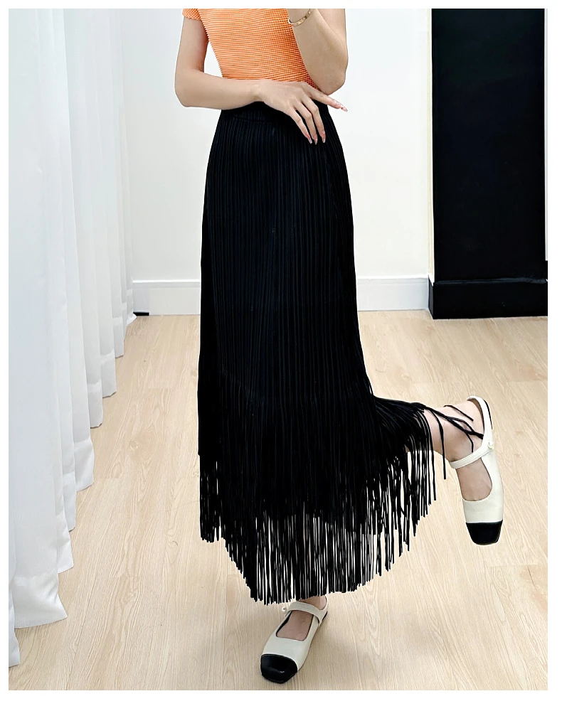 HOT SELLING Miyake fold fashion SOLID skirt straight Tassels skirt IN STOCK