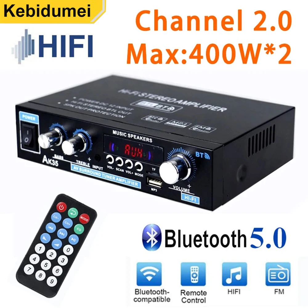 Amplificador Digital para el Hogar AK35, Amplificador Bluetooth MP3 de 2.0 Canales, Compatible con 110V-240V para Casa y Auto, FM, USB, Control Remoto