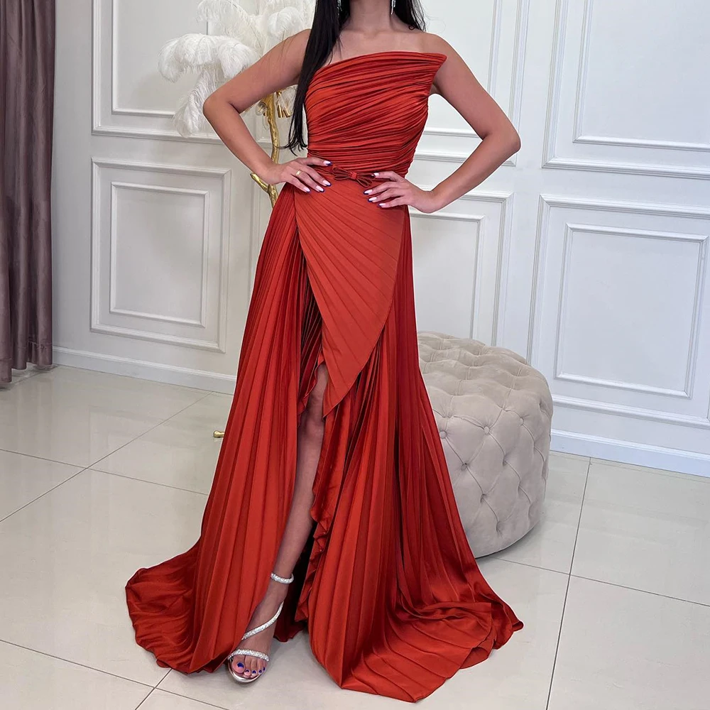 

Customized Classic Draped Strapless Floor Length Front Slit Evening Dress A-Line Jersey Sleeveless Sweep Train платье вечернее