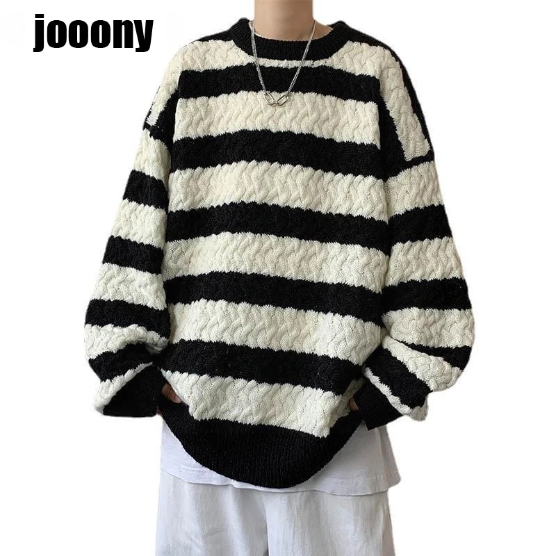 캐주얼 풀오버 올매치 따뜻한 니트 상의, 스플라이스 루즈 한국 스트라이프 스웨터, O-넥 남성 의류, 다목적 신상 패션