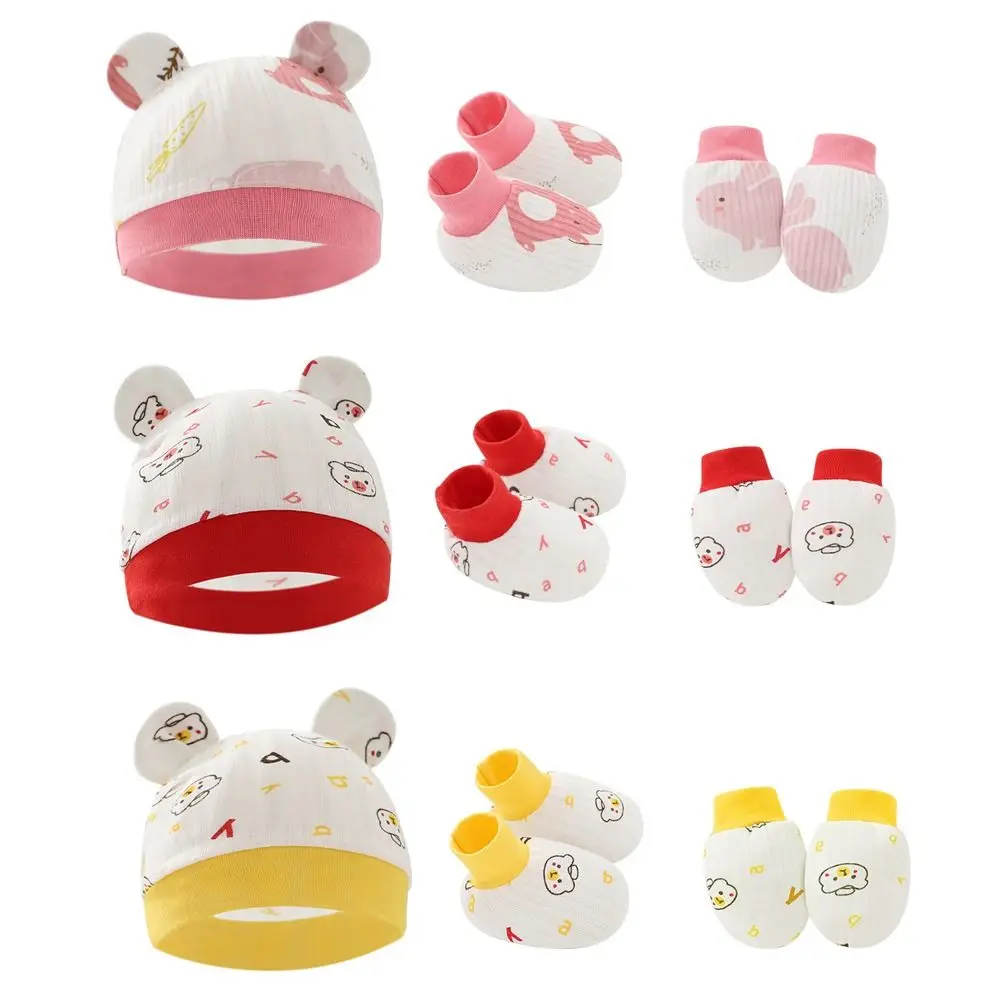 Fashion Cotton Mittens Socks Hat Cap Anti Scratch Stretchy Cap Gloves Foot Cover Photography Props Ear Shape Baby Accessories