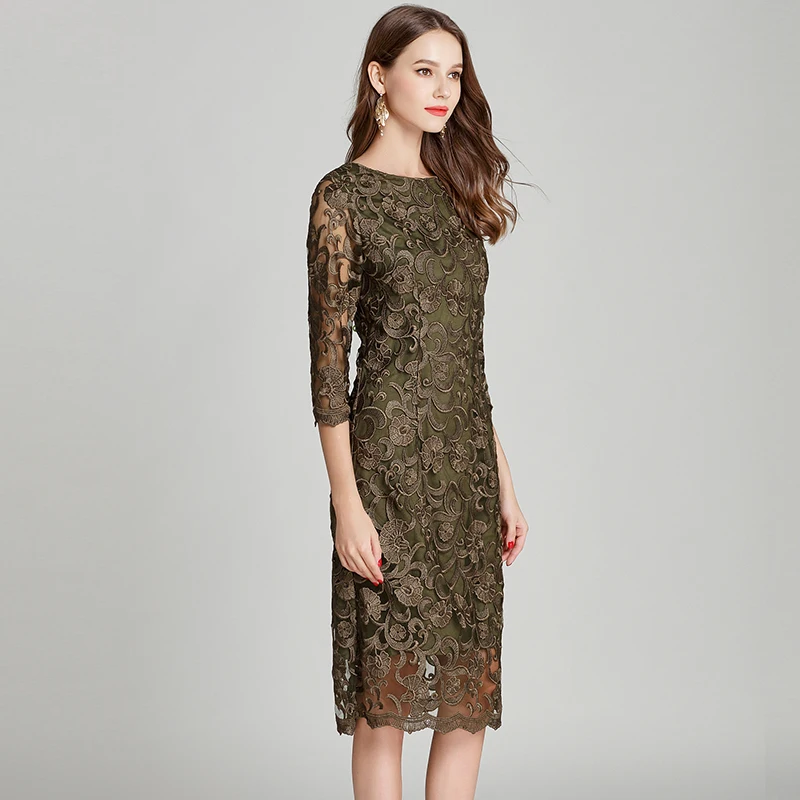Vintage Lace Dress for Women Large Size Three Quarter Sleeves Loose Elegant Flower Print Lace New Arrival  Women\'s Dress 11644