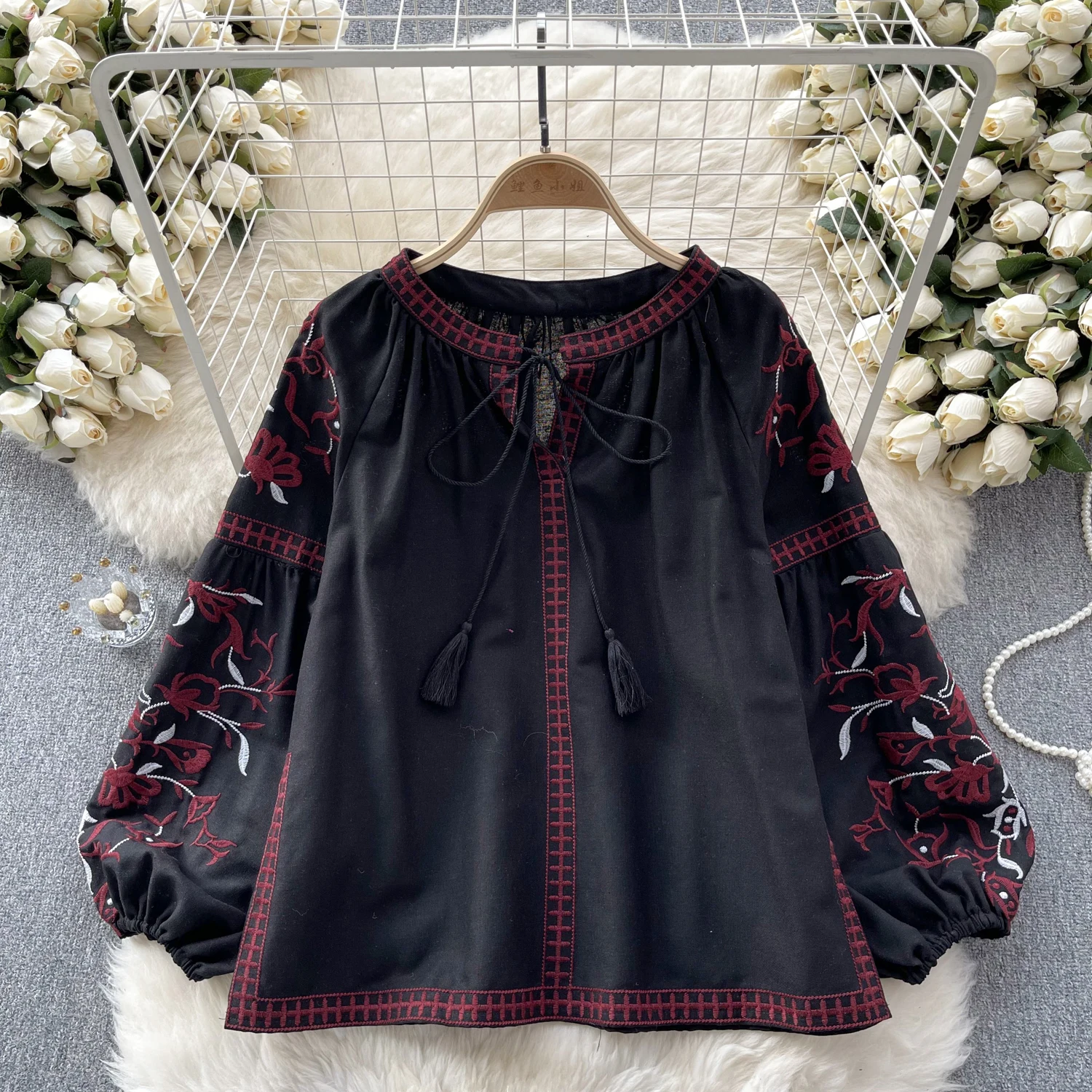 Vintage Elegant Embroidery Lace Up Puff Long Sleeve Loose Blouse Fashion Lapel Shirt  Casual Chic Top Fairy  Summer Women Shirt