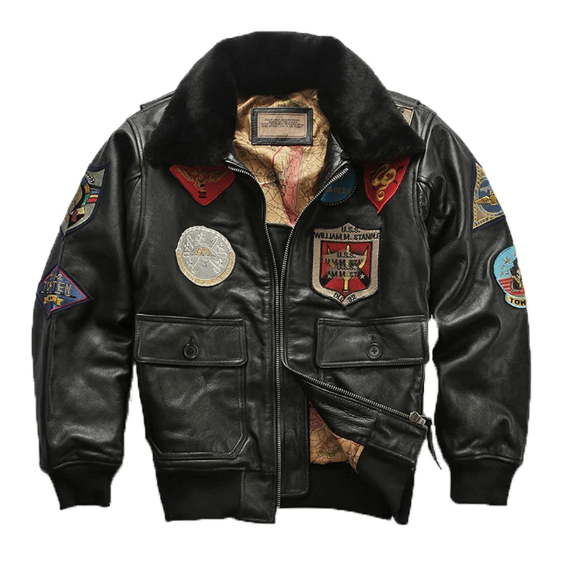 Top Gun 100% Genuine Jackets Cowhide Woolen Collar Brown Black Clothings Motorcycle Embroidery Unisex Real Leather Coat