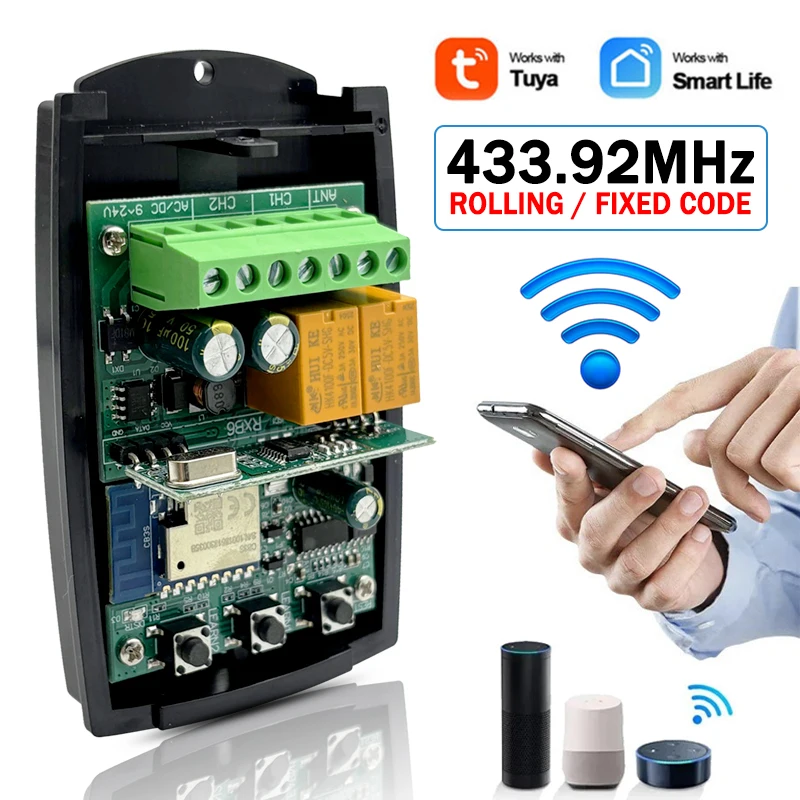 

Универсальный приемник дистанционного управления гаражными воротами 433 МГц, 2 канала, Wi-Fi, модуль умного переключателя Tuya для передатчика команд с фиксированным плавающим кодом 433,92 МГц.
