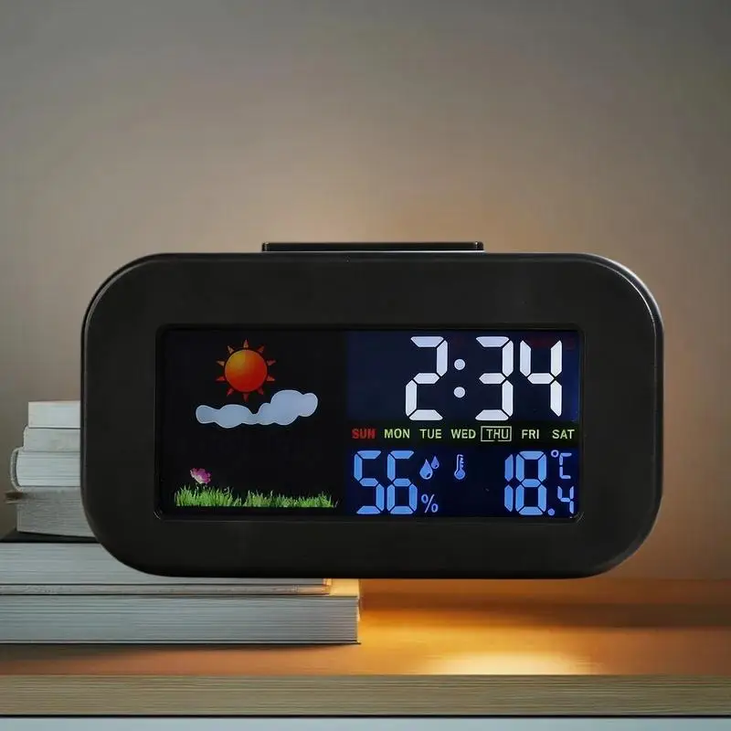 Weather Station Clock With Color Display - Temp & Humidity Monitor Backlit For Kids & Teens Perfect For Bedroom/Dorm Desk