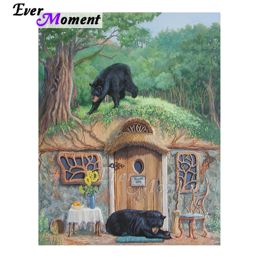 

Алмазная картина Ever Moment, дом черного медведя, лесная картина, украшение из горного хрусталя, мозаика для дома, алмазная вышивка ASF1888