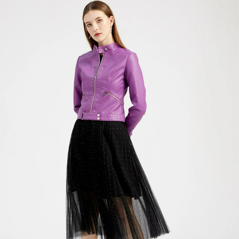 패셔너블한 단색 지퍼 스탠드업 칼라 여성 가죽 재킷 봄과 가을 2026 여성용 짧은 가죽 외투