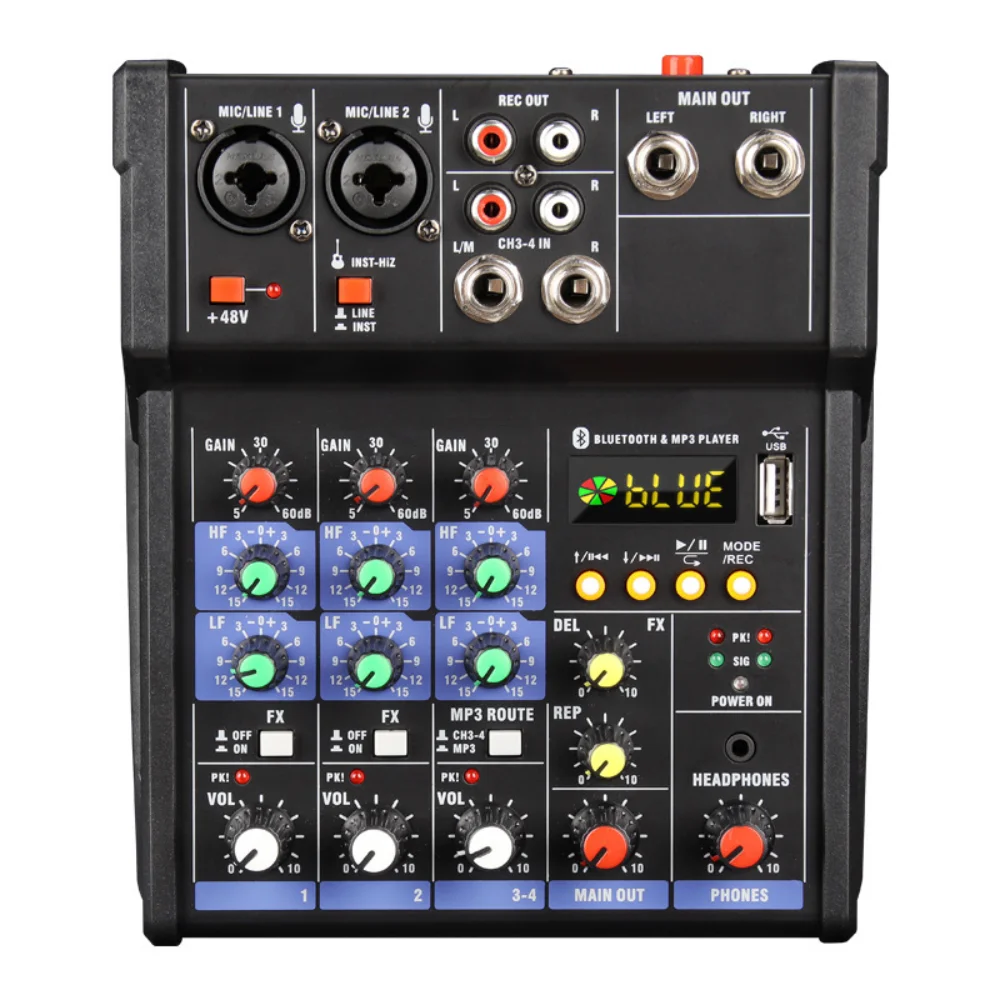 4 Channel Audio Mixer Audio Mixer Amplifier Console Built in Reverb Effect DJ Mixer USB Audio for DJ Studio Power Amplifier