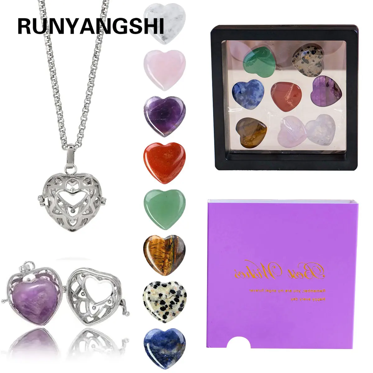 Natural Healing Gemstone Seven Chakra Heart Pendant Set Amethyst Selenite Yoga Collection Reiki Crystal Crafts with Gift Box