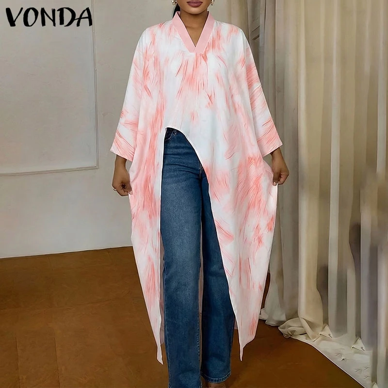 

Женские длинные блузки VONDA с принтом, летние и весенние топы, футболки больших размеров, асимметричные блузки с V-образным вырезом, женская уличная одежда