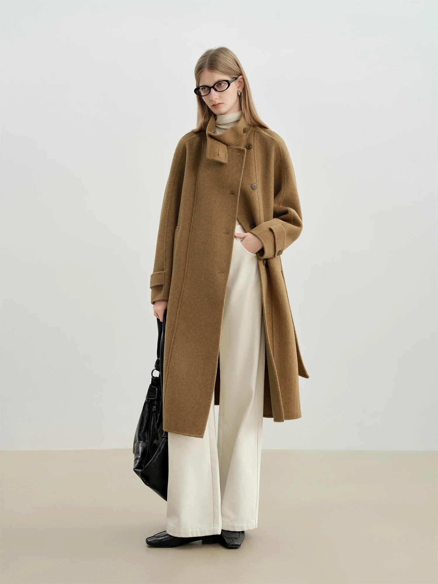 ZIQIAO Double-front Stand Collar Wool Coat for Women 2025 Winter New Mid-length Coat Temperament Elegant Vinatge French Style