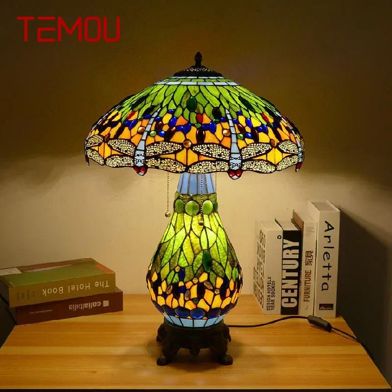 TEMOU lampa stołowa Tiffany amerykański Retro salon lampka do sypialni luksusowa willa hotelowa lampa witrażowa szklane biurko