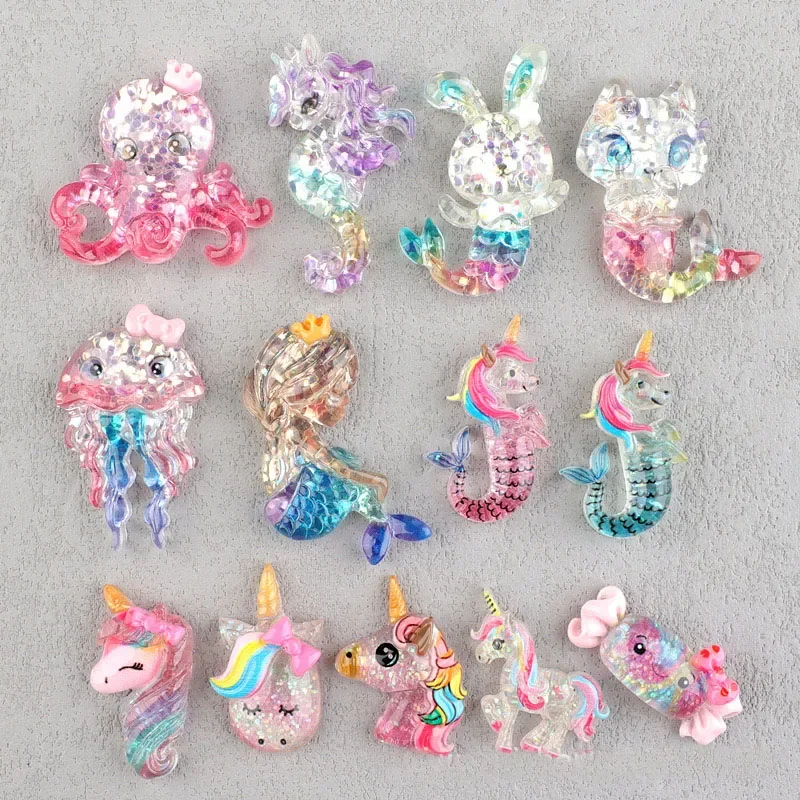 10pcs Hars Cartoon Shiny Mermaid, Unicorn Series Platte Achterkant Steen Plakboek Beeldjes Diy Boog Decor Accessoires Ambachten