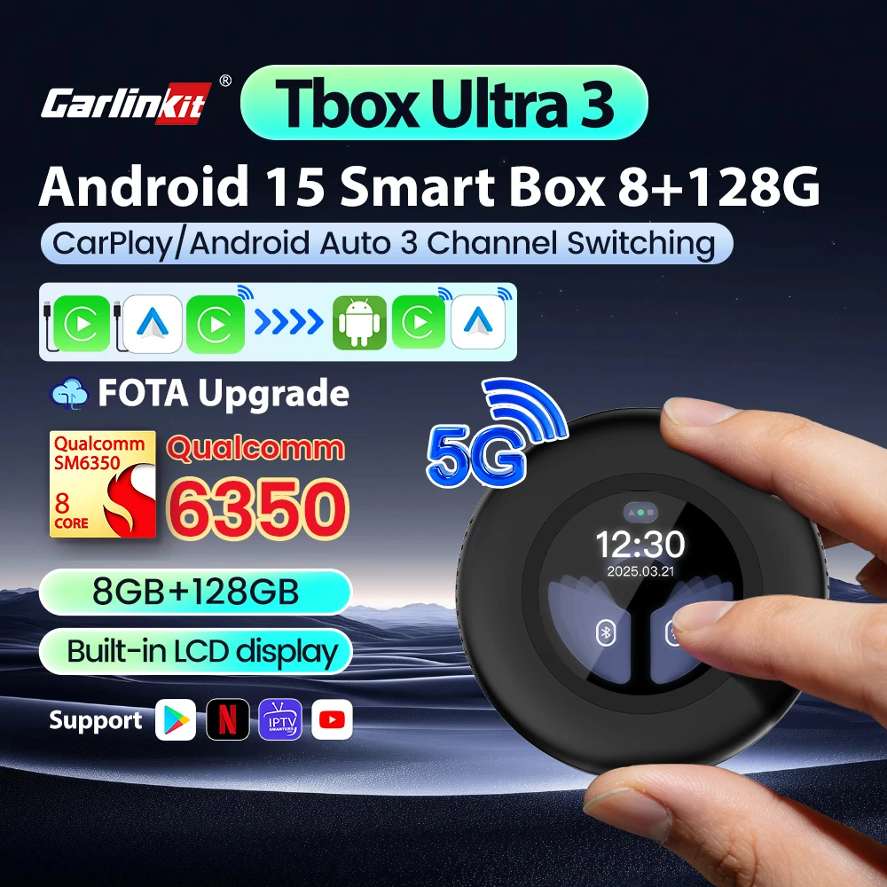 CarlinKit Android 15 CarPlay Ai TV Box SM6350, Reproductor Multimedia Inalámbrico para Auto con Android Auto, Pantalla LCD Integrada, GPS, 8+128GB, 5G