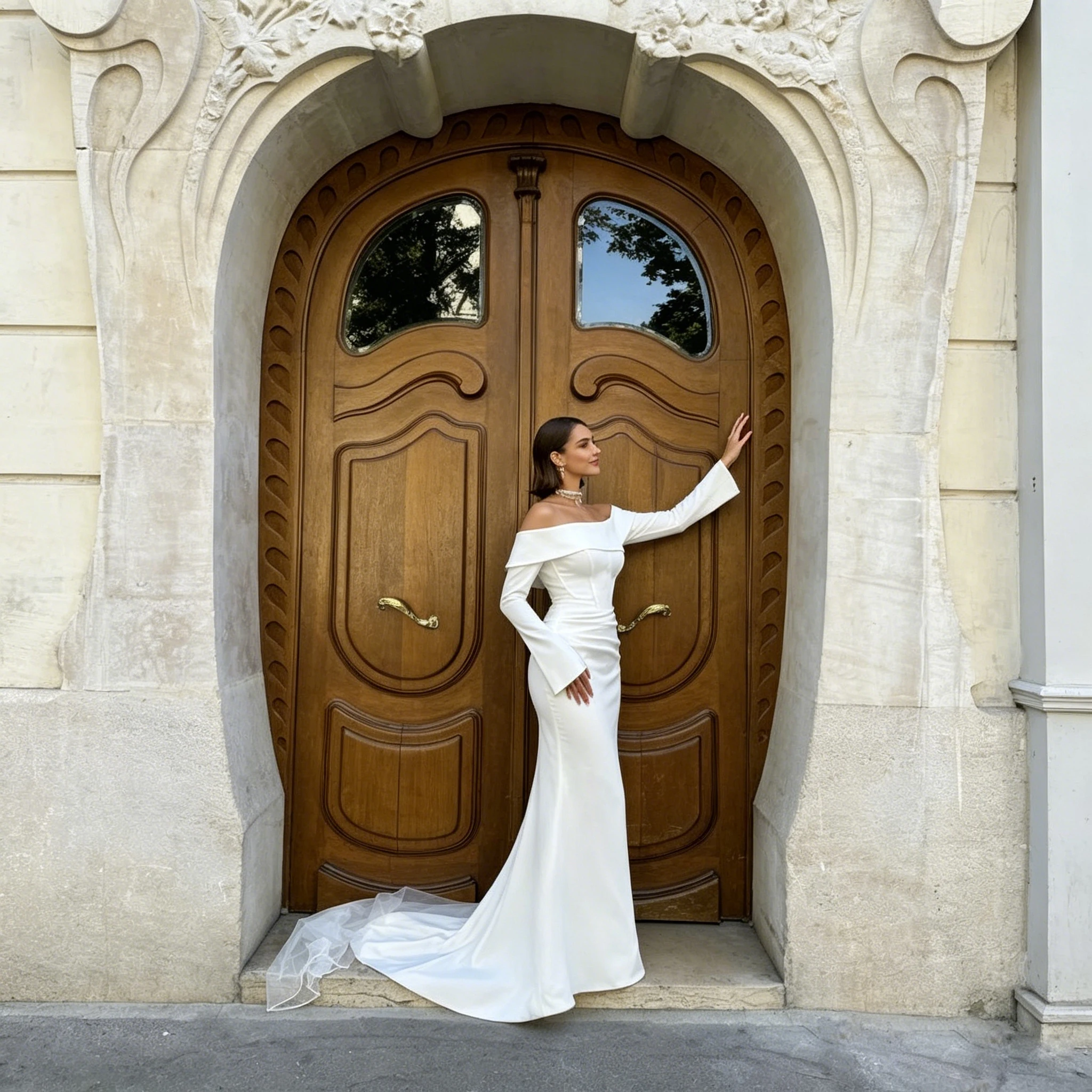 Off Shoulder Long Flare Sleeve Satin Mermaid Wedding Dress Waist Ruched Train Elegant Fitted Bridal Gown Custom Vestido De Novia