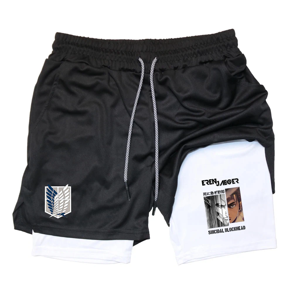 2-in-1 sports shorts anime Attack on Titan men's shorts quick drying breathable sports fitness shorts outdoor running gym short