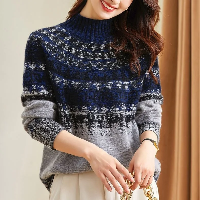 Suéter de Punto Estilo Otoño Invierno, Color Azul y Blanco Porcelana, Hoado, Cubre el Abdomen, Adeazante, Capa Base, Mang...