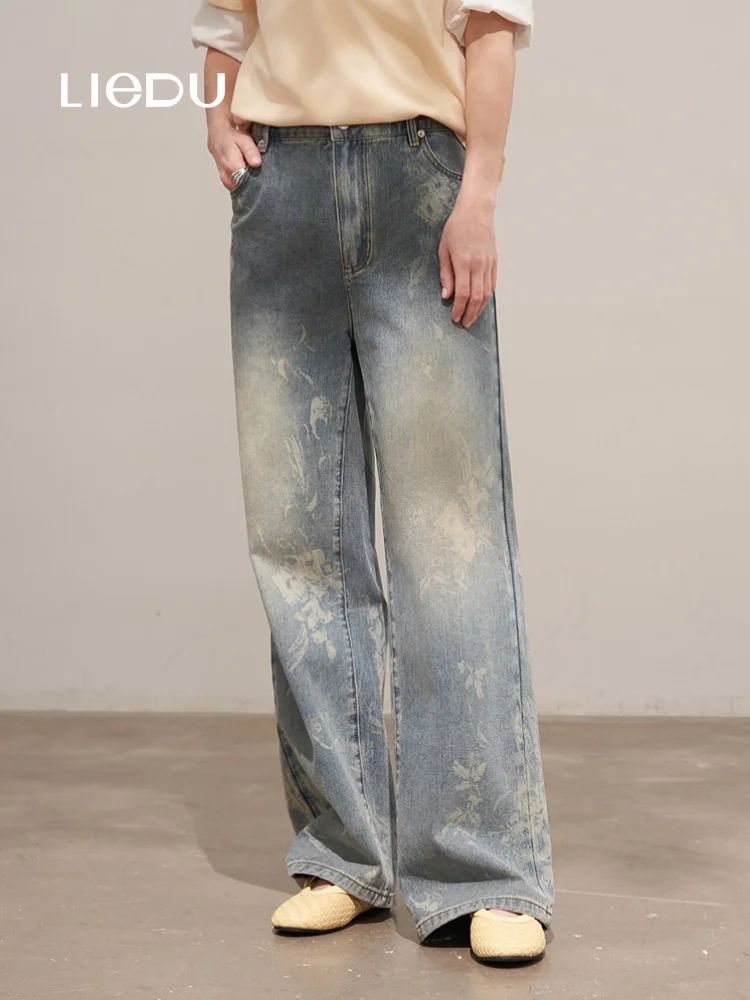 LIEDU Vintage Plus Size High Waist Wide Leg Jeans Women Slim Fit Washed Floral Burn Print Denim Pants Casual Daily Outfit 2026